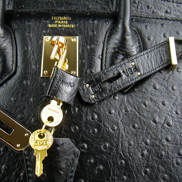 Replica Hermes Birkin 30CM Ostrich Veins Handbag Black 6088 On Sale - Click Image to Close